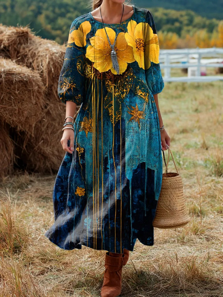 Women's Vintage Yellow Blue Floral Art Print Casual Round Neck Pocket Cotton Dresses