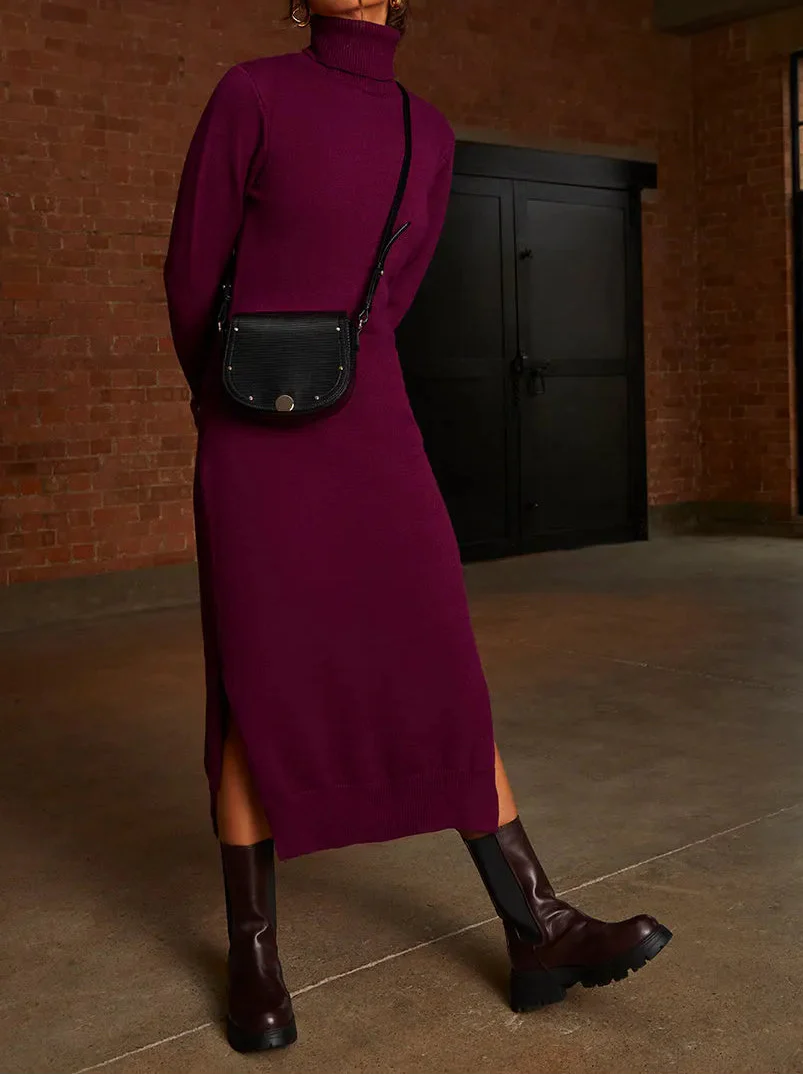 Oversized Roll Neck Knitted Dress in Berry